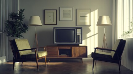 Retro living room with two velvet armchairs, an antique black-and-white TV, and a soft glow from mid-century modern lamps