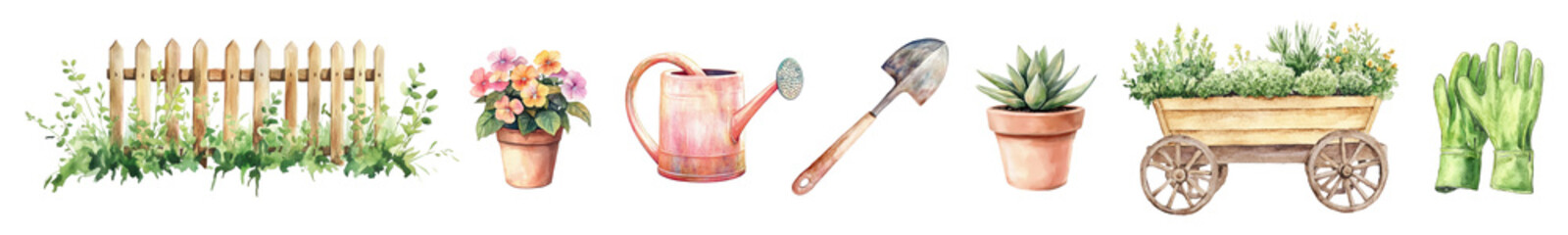 Fototapeta premium Watercolor garden png cut out element set, transparent background