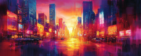 colorful vibrant city skyline painted with swirling brush strokes colors blending