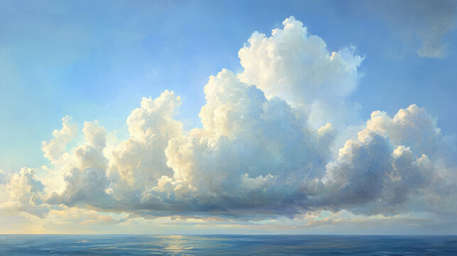 A stunning photorealistic portrayal of a sky filled with massive cumulus clouds, highlighted with soft, natural light. The image features a tranquil horizon with gradients of cerulean blue fading into