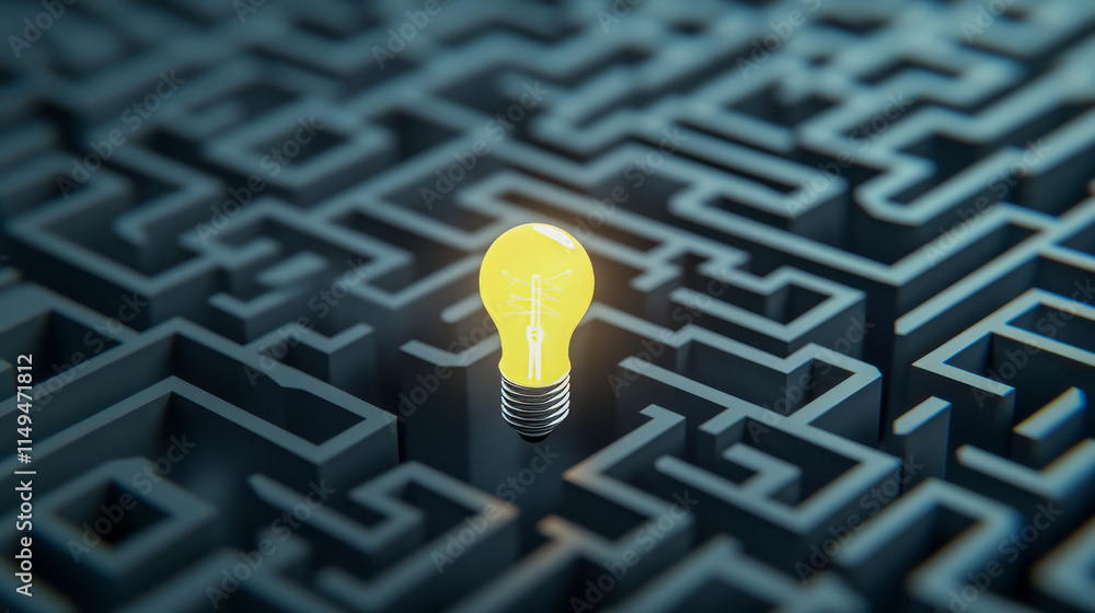 Poster illuminated bulb in dark maze symbolizing innovation and problem solving