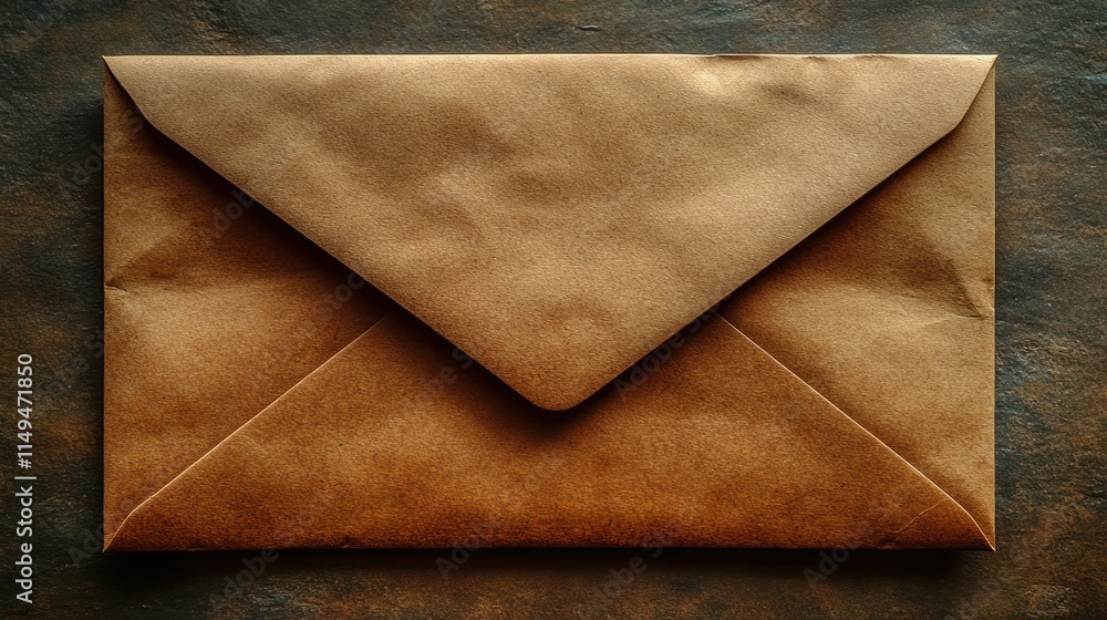 Poster top view of a rustic brown paper envelope on a dark background.