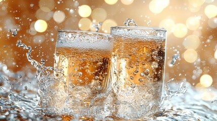 Fizzy Drink Splash: Two Glasses with Bubbles and Golden Bokeh