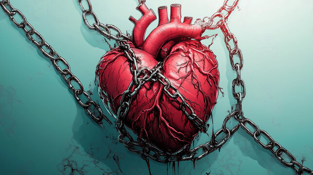 A realistic human heart wrapped in chains, in a graphic novel style - Powered by Adobe