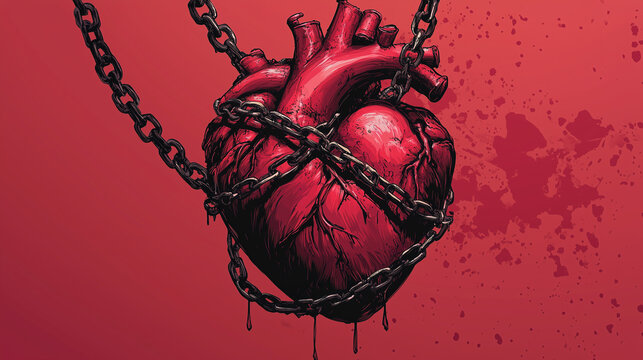 A realistic human heart wrapped in chains, in a graphic novel style - Powered by Adobe