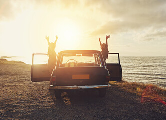 Travel, freedom and friends by car at sunset for road trip fun, holiday adventure and sightseeing...