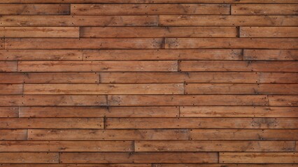 Obraz premium A seamless close-up view of rustic brown wooden planks arranged horizontally showing natural grain, knots, and textures, ideal for backgrounds or design elements.