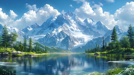 Fototapeta premium Mountain lake with a snow-capped backdrop