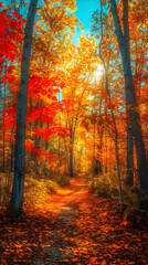 Autumn Forest: A Serene Pathway Through Vibrant Trees Bathed in Golden Sunlight, Capturing the Beauty of Nature in Fall