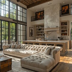 Obraz premium Luxurious living room with large sectional sofa, open kitchen, and tall windows.
