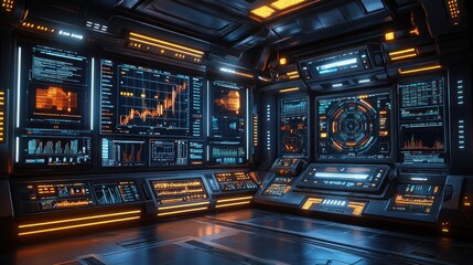Obraz premium Futuristic spaceship bridge interior with glowing monitors displaying data and graphs.