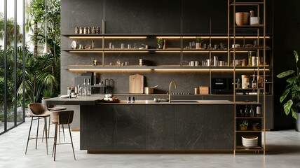 modern kitchen with an island, brass fixtures, and open shelving for a stylish and functional layout