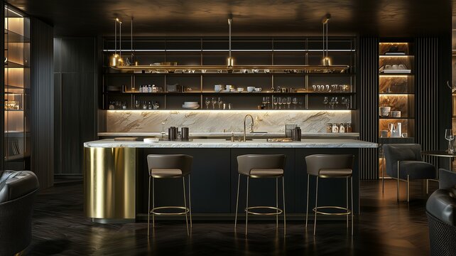 modern kitchen with an island, brass fixtures, and open shelving for a stylish and functional layout