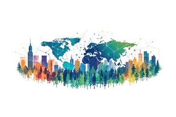 Fototapeta premium Global Network Connectivity A Colorful Abstract Illustration of Cities and Forests Connected Across the World.