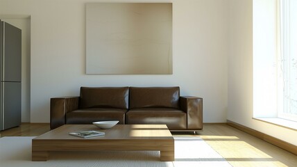 minimalist living room with a leather sofa, low wooden coffee table, and abstract art on the wall
