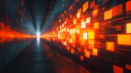 A long hallway with orange squares on the wall