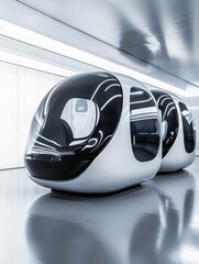 Fototapeta premium Innovative transportation concepts are displayed in a modern studio with futuristic vehicles and advanced designs, emphasizing a new era of efficient travel.