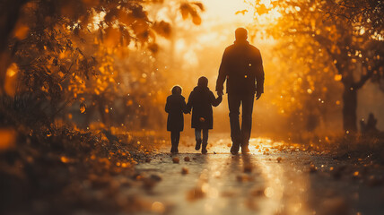 Fototapeta premium A man and two children are walking in a forest