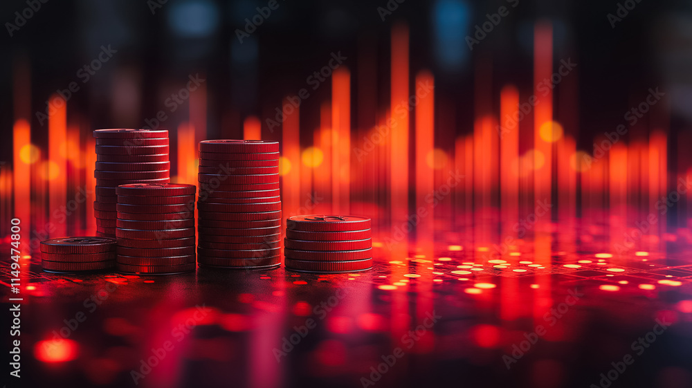 Poster a stack of red coins on a table with a blurry background