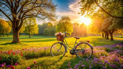 Panoramic View: Bicycle in Lush Green Park - Stunning Nature Scene