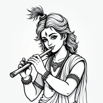 krishna playing flute black and white clip art preview