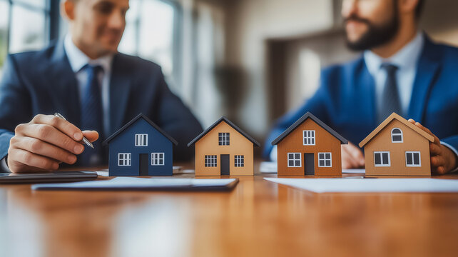 Two men are sitting at a table with a stack of papers and a set of small houses