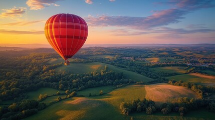 Hot air balloon soaring over scenic landscape at sunrise.