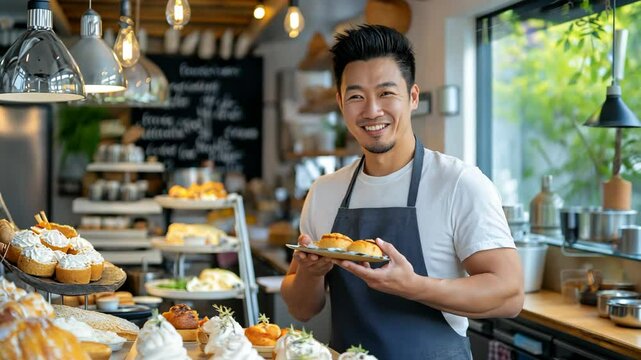 smiling Korean man a bakery chef at his shop selling various type of bakery and bread
