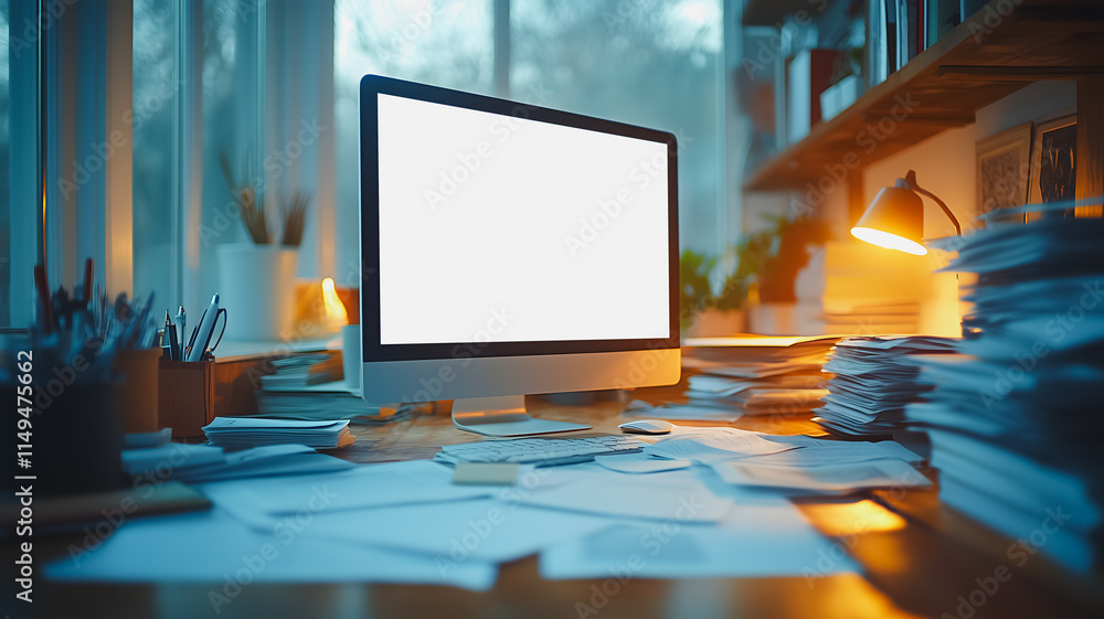 Poster a computer monitor sits on a cluttered desk with stacks of papers and a lamp