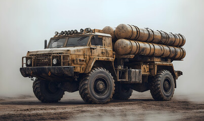 Obraz premium A rugged military vehicle equipped with multiple cylindrical containers for transport or launch.