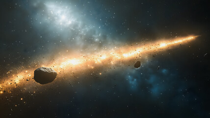 A space scene with a bright yellow streak of light and a few rocks. The streaks of light are likely from a comet or asteroid, and the rocks are scattered throughout the scene. Scene is one of wonder