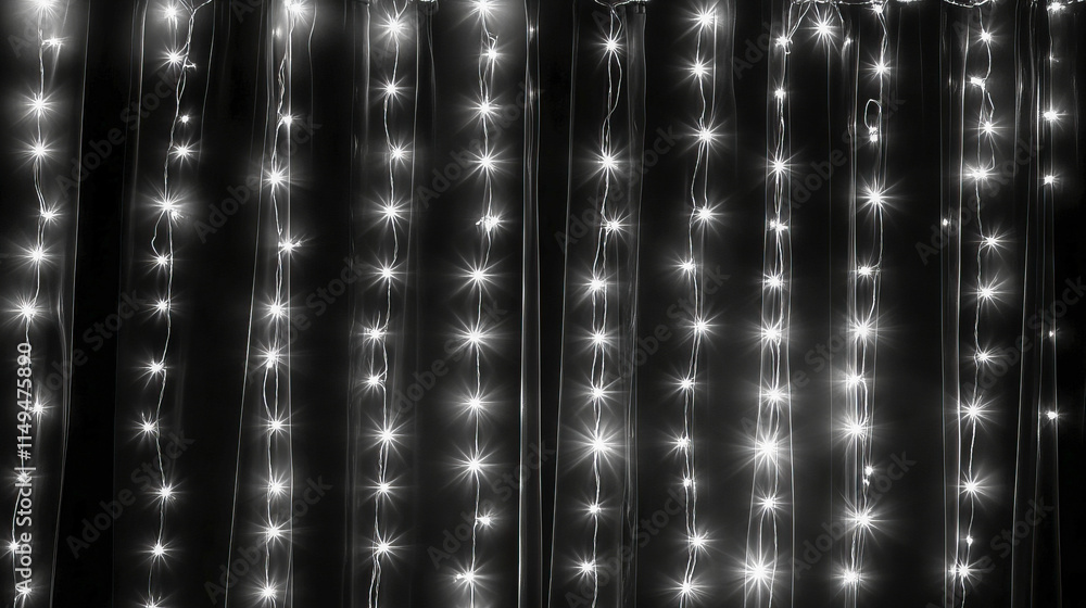 Poster White string lights against black background creating a sparkling illumination effect