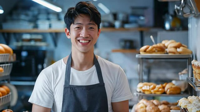 smiling Korean man a bakery chef at his shop selling various type of bakery and bread