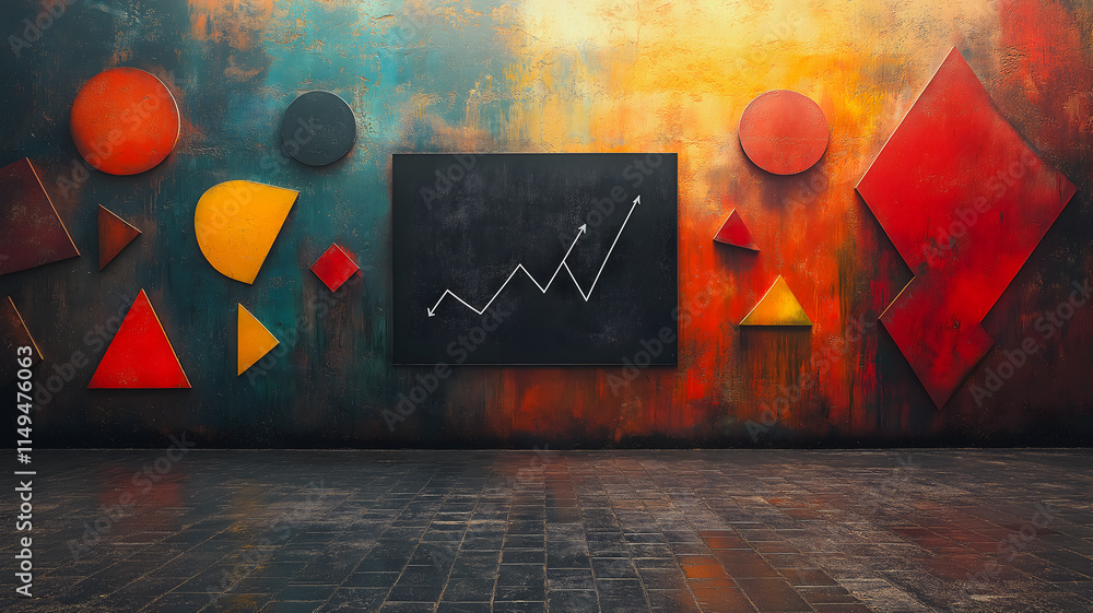 Poster a blackboard with a graph on it is surrounded by colorful shapes