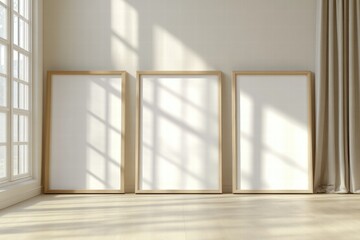Three Blank Frames in Minimalist Room Interior