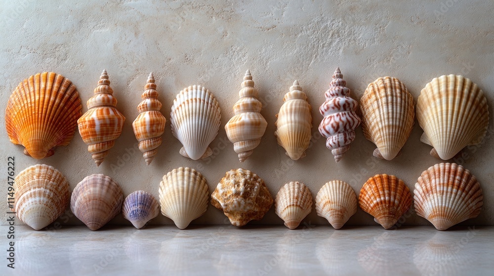 Poster collection of various seashells arranged in two rows on marble surface.