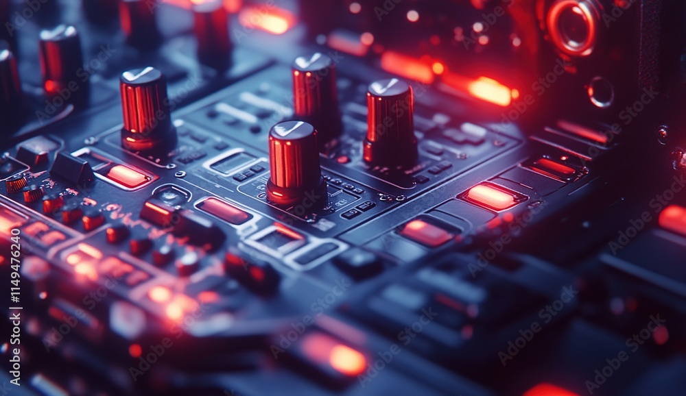 Poster exploring futuristic control panel: red lights illuminate knobs and buttons, digital interface glows