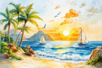 Tropical Sunset Seascape with Sailboats