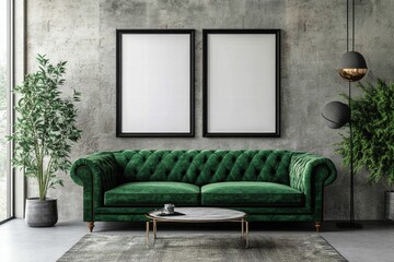 Modern Green Velvet Sofa in Industrial Loft Interior with Blank Frames