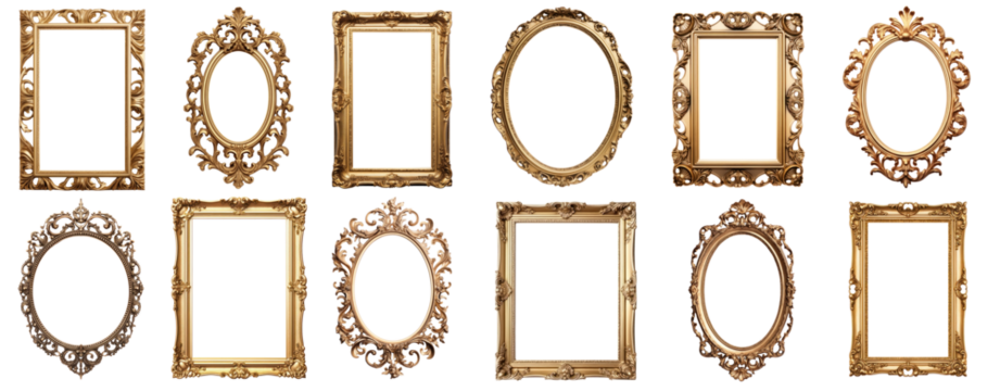 PNG Elegant vintage gold frames collection, element set on transparent background