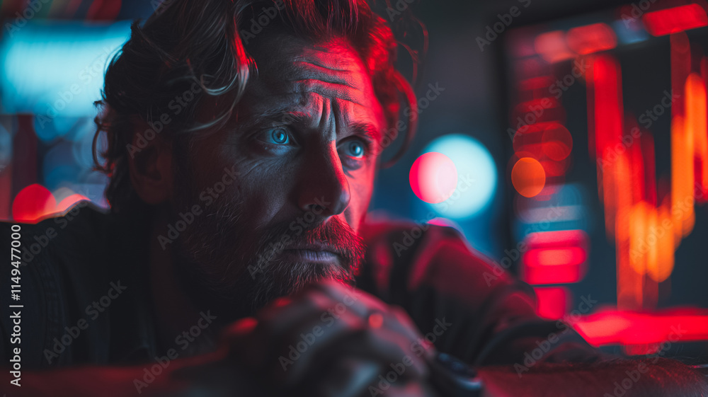 Poster a man with a beard and blue eyes is looking at a computer screen. the image has a mood of contemplat