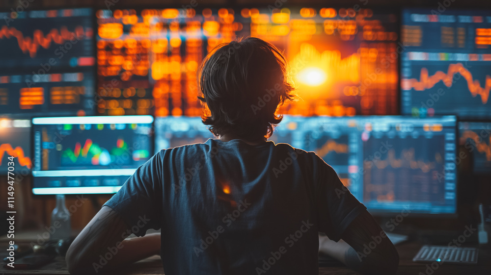 Poster a man is sitting in front of a computer monitor with several screens displaying financial data. the 