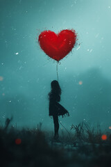 Obraz premium A woman is holding a red balloon heart