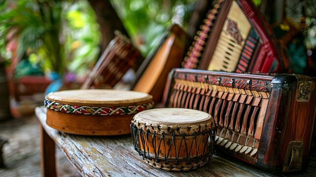 A close-up of traditional Dominican Republic instruments like the tambora and accordion beautifully arranged on a wooden table, showcasing the vibrant cultural heritage