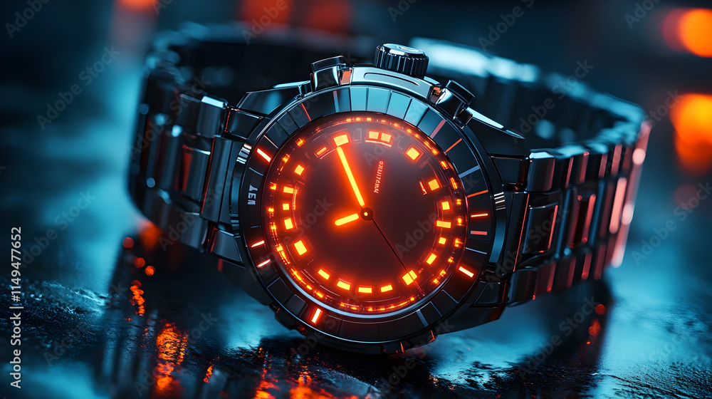 Poster a futuristic wristwatch with an illuminated display and sleek design on a reflective surface.