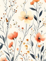 Naklejka premium Small retro flowers with slender stems and leaves, watercolor style