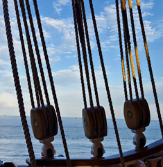 Ropes stretched across the masts of an old ship