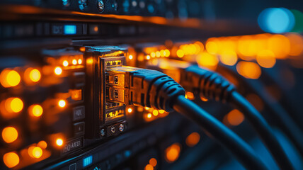 A cable is plugged into a computer. The cable is black and orange