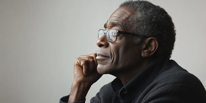 pensive 60-year-old african american man dressed in dark jacket sitting with his hand on his chin looking deep in thought
