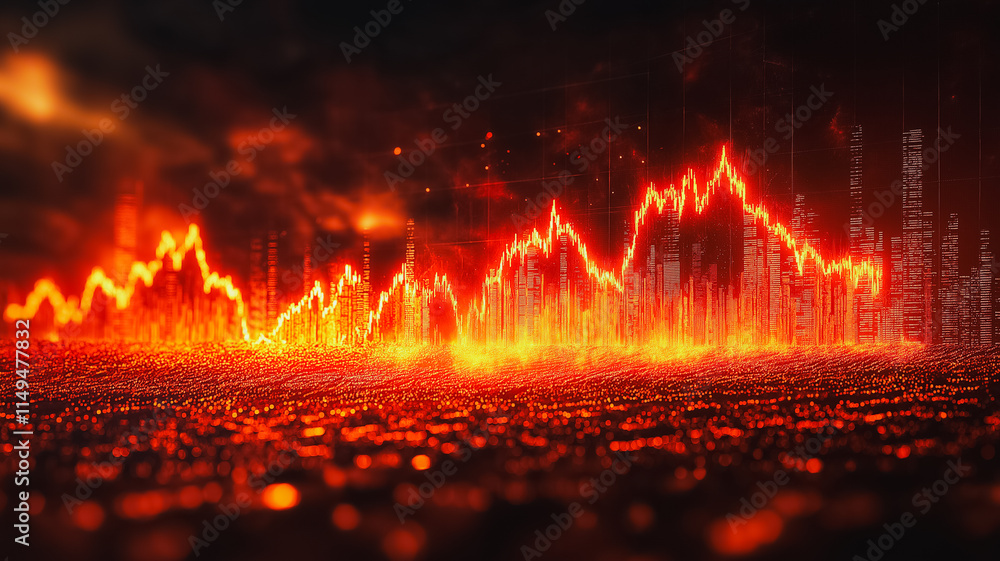 Poster a red and orange background with a series of lines and dots. the background is dark and the lines an
